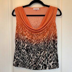 Calvin Klein Sleeveless Cowl Neck Top Orange Ombre Leopard Print Stretch Blouse